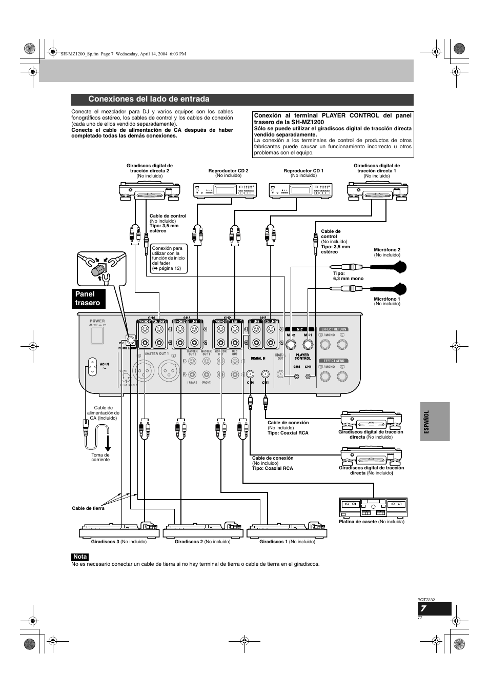 Conexiones del lado de entrada, Panel trasero | Panasonic SLMZ1200 User Manual | Page 77 / 100