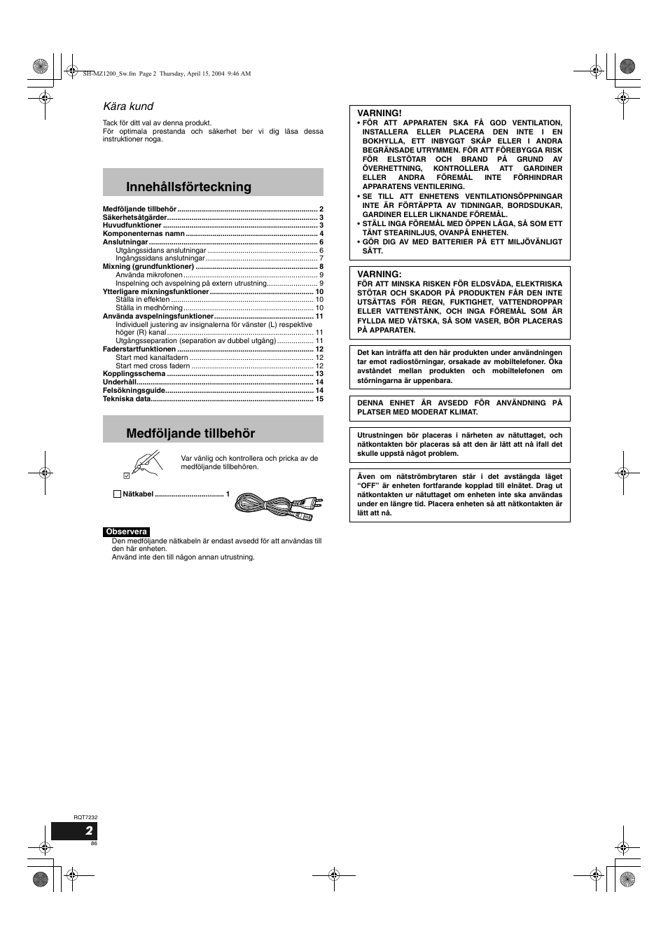 Innehållsförteckning medföljande tillbehör, Kära kund | Panasonic SLMZ1200 User Manual | Page 86 / 100
