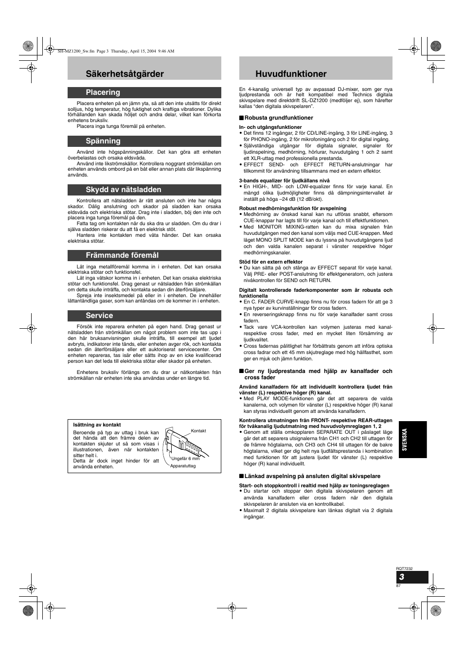 Säkerhetsåtgärder, Huvudfunktioner | Panasonic SLMZ1200 User Manual | Page 87 / 100