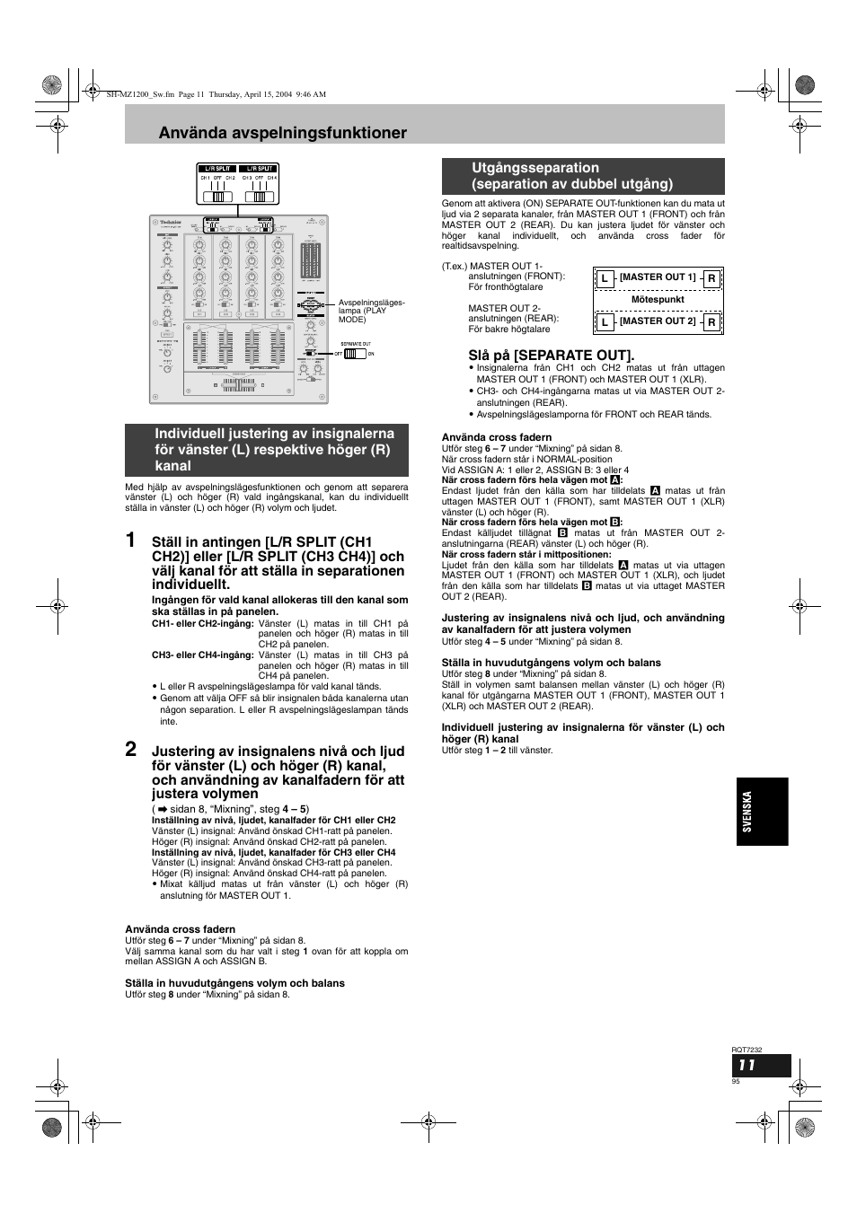 Använda avspelningsfunktioner, Slå på [separate out, Utgångsseparation (separation av dubbel utgång) | Panasonic SLMZ1200 User Manual | Page 95 / 100