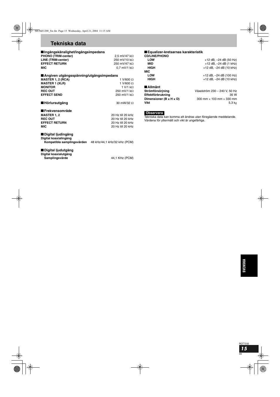 Tekniska data | Panasonic SLMZ1200 User Manual | Page 99 / 100