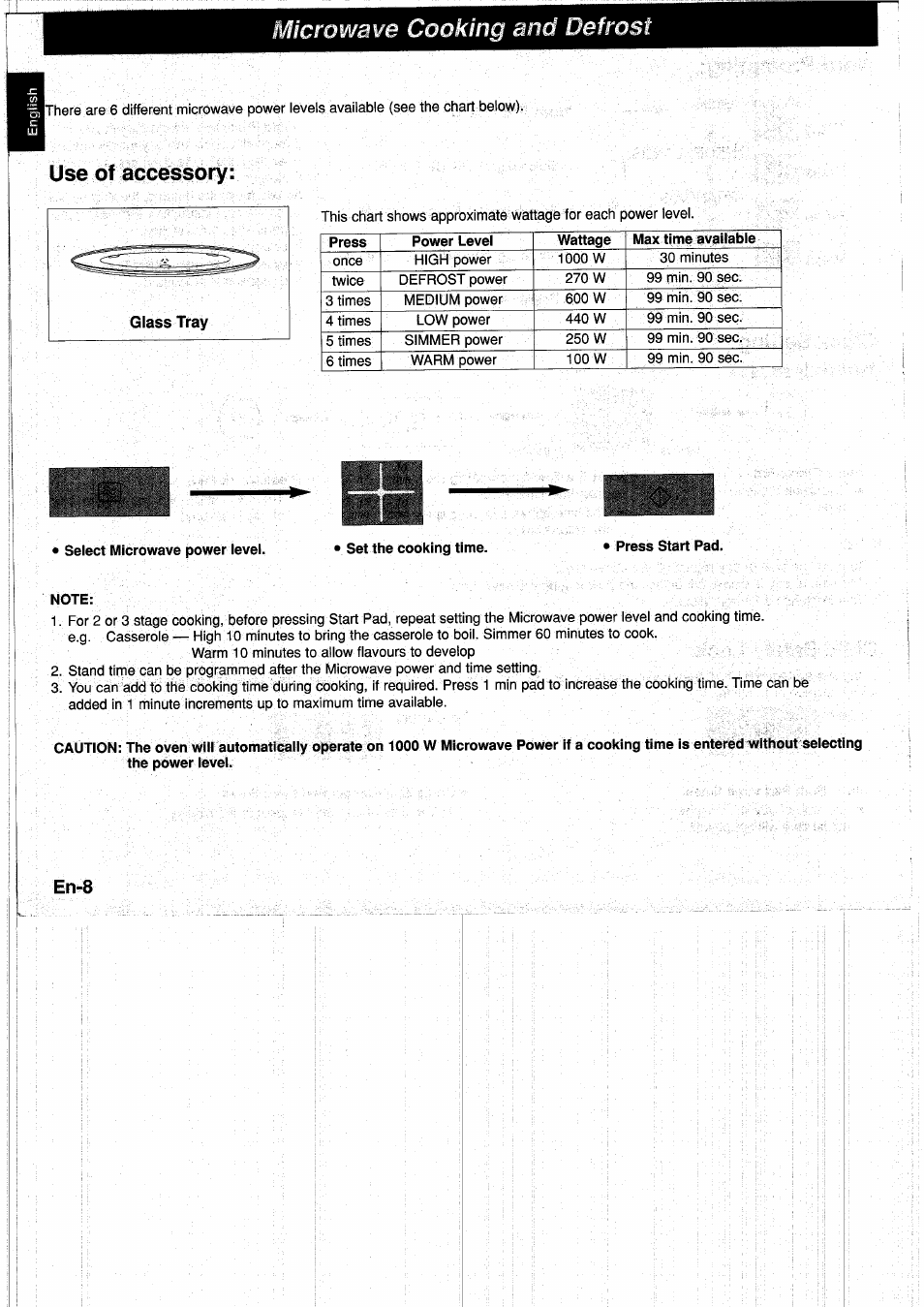 Use of accessory, Select microwave power level, Note | I w i, Microwave cooking and defrost | Panasonic NNA890WBSPG User Manual | Page 10 / 112
