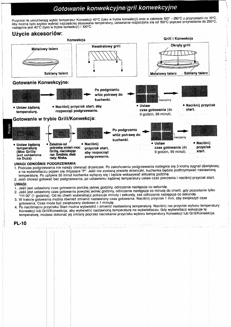Gotowanie konwekcyjne/gru konwekcyjne, Uzycie akcesoriów, Ustaw z^danq temperatura | Uwagi odnosnie podgrzewania, Uwagi, Gotowanie konwekcyjne, Gotowanie w trybie griii/konwekcja | Panasonic NNA890WBSPG User Manual | Page 100 / 112