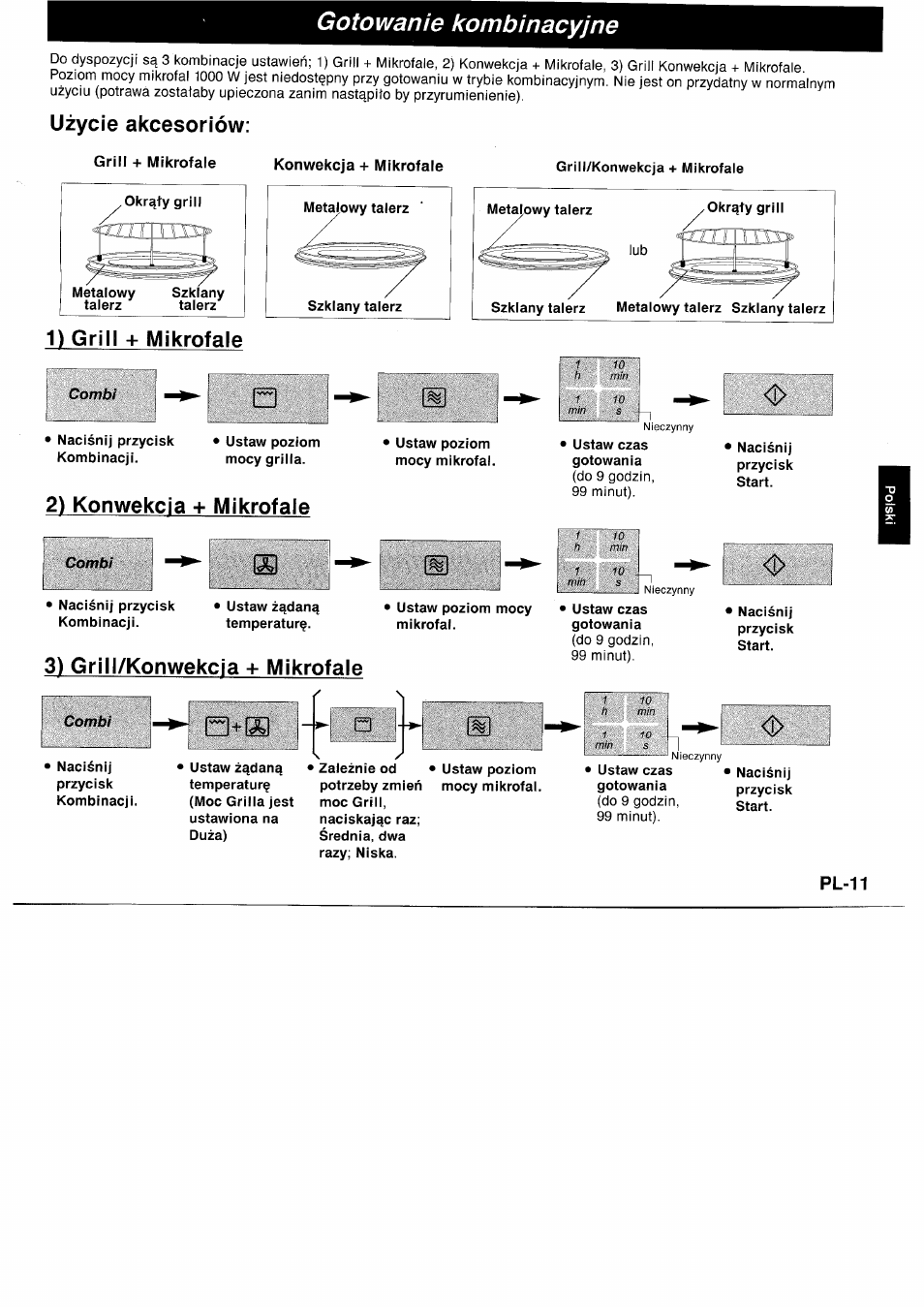 Uzycie akcesoriów, 1) grill + mikrofale, 2) konwekcja + mikrofale | 3) grill/konwekcia + mikrofale, Gotowanie kombinacyjne, Konwekcja + mikrofale, Pl-11 | Panasonic NNA890WBSPG User Manual | Page 101 / 112