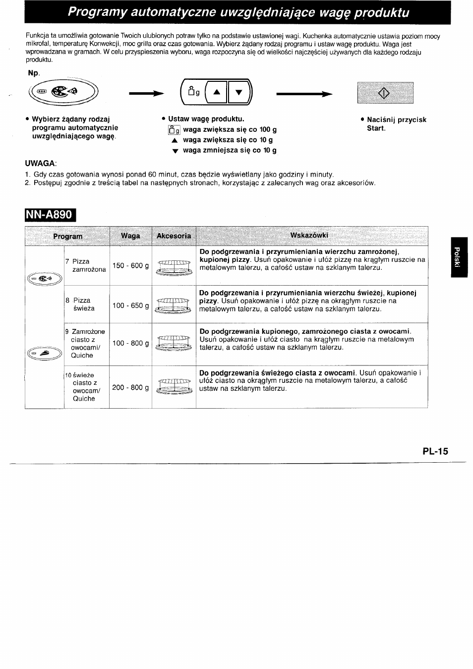 Programy automatyczne uwzgl^dniajqce wagq produktu, Uwaga, Ustaw wag? produktu | Nn-a890, Program, Waga, Akcesoria, Wskazówki | Panasonic NNA890WBSPG User Manual | Page 105 / 112