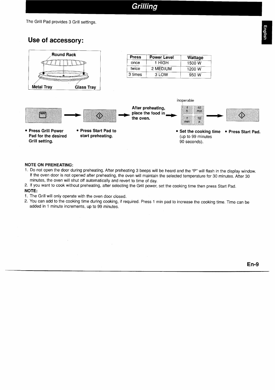 Use of accessory, Press start pad to start preheating, Set the cooking time | Press start pad, Note on preheating, Note, Grilling | Panasonic NNA890WBSPG User Manual | Page 11 / 112