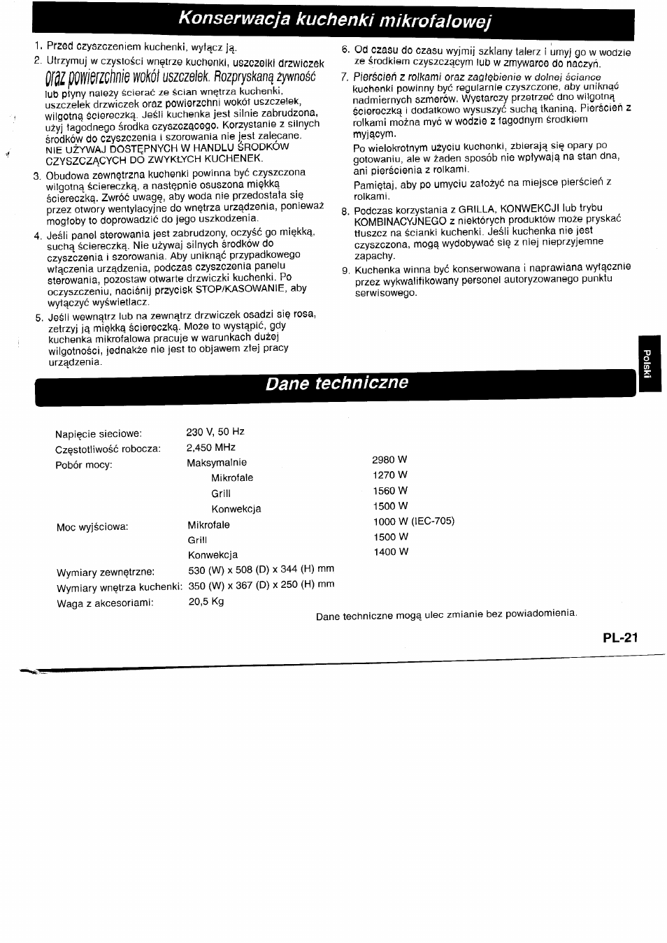 Konserwacja kuchenki mikrofaiowej, Darre techniczne, Pl-21 | Pomlchnie wokót uszczelek. rozpryskanq zywnosc | Panasonic NNA890WBSPG User Manual | Page 111 / 112