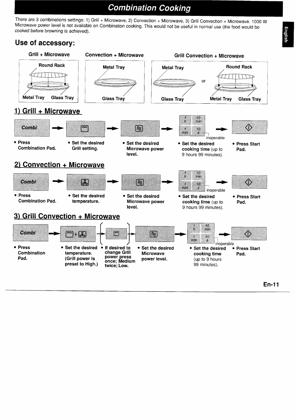 Use of accessory, 1) grill + microwave, 2) convection + microwave | 3) grill convection + microwave, Combination cooking, En-11 | Panasonic NNA890WBSPG User Manual | Page 13 / 112