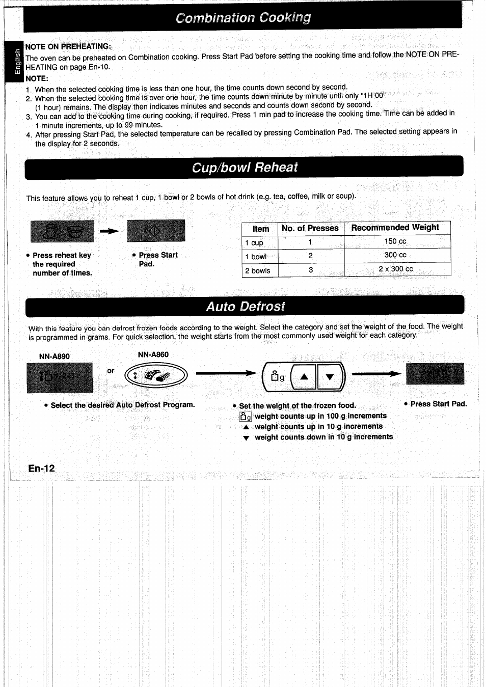 Note on preheating, Note, Press start pad | Set the weight of the frozen food, I ^ i, Combination cooking, Auto defrost | Panasonic NNA890WBSPG User Manual | Page 14 / 112