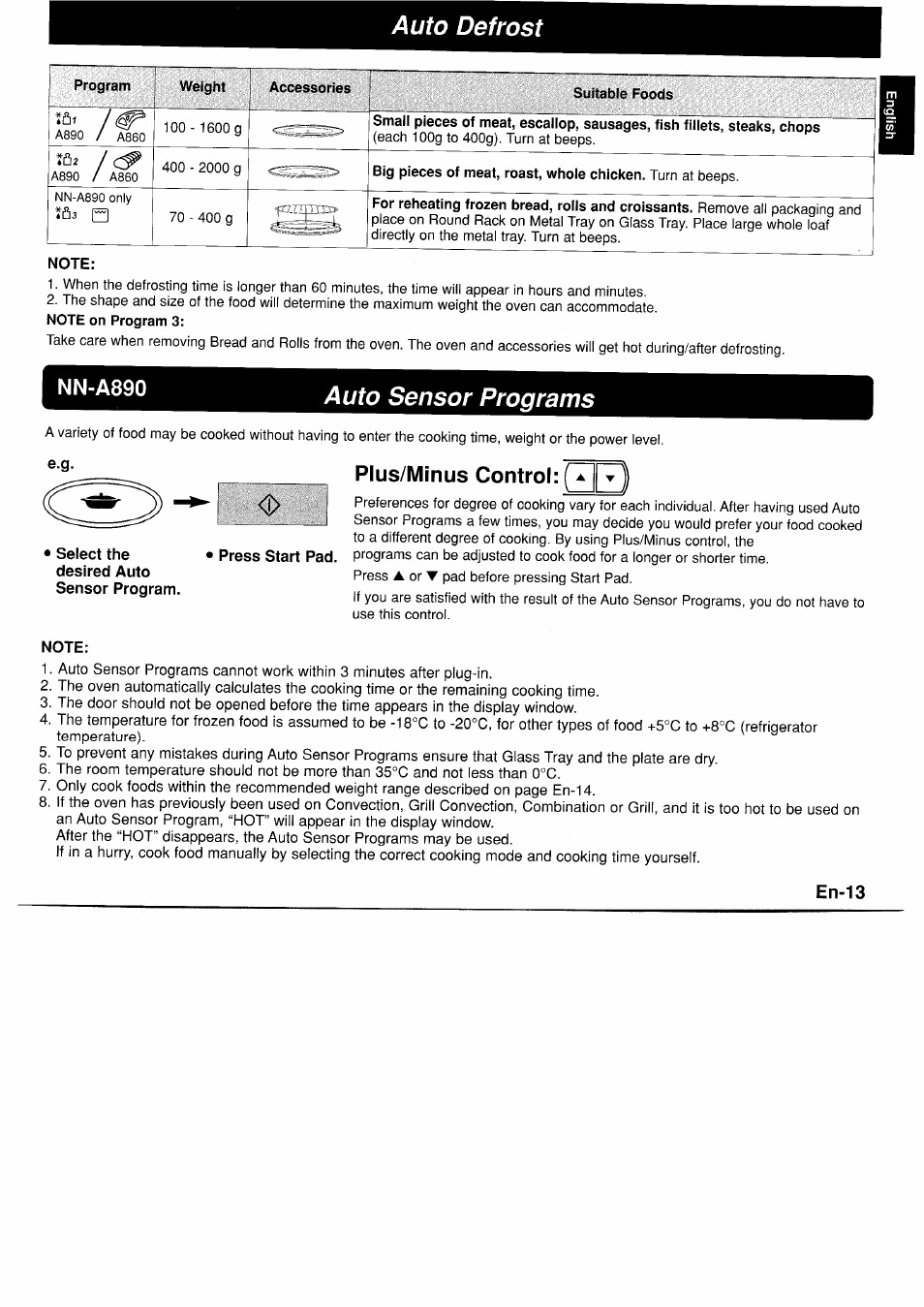 Note, Plus/minus control: (t~ t, Press start pad | Auto defrost, Auto sensor programs, Nn-a890 | Panasonic NNA890WBSPG User Manual | Page 15 / 112