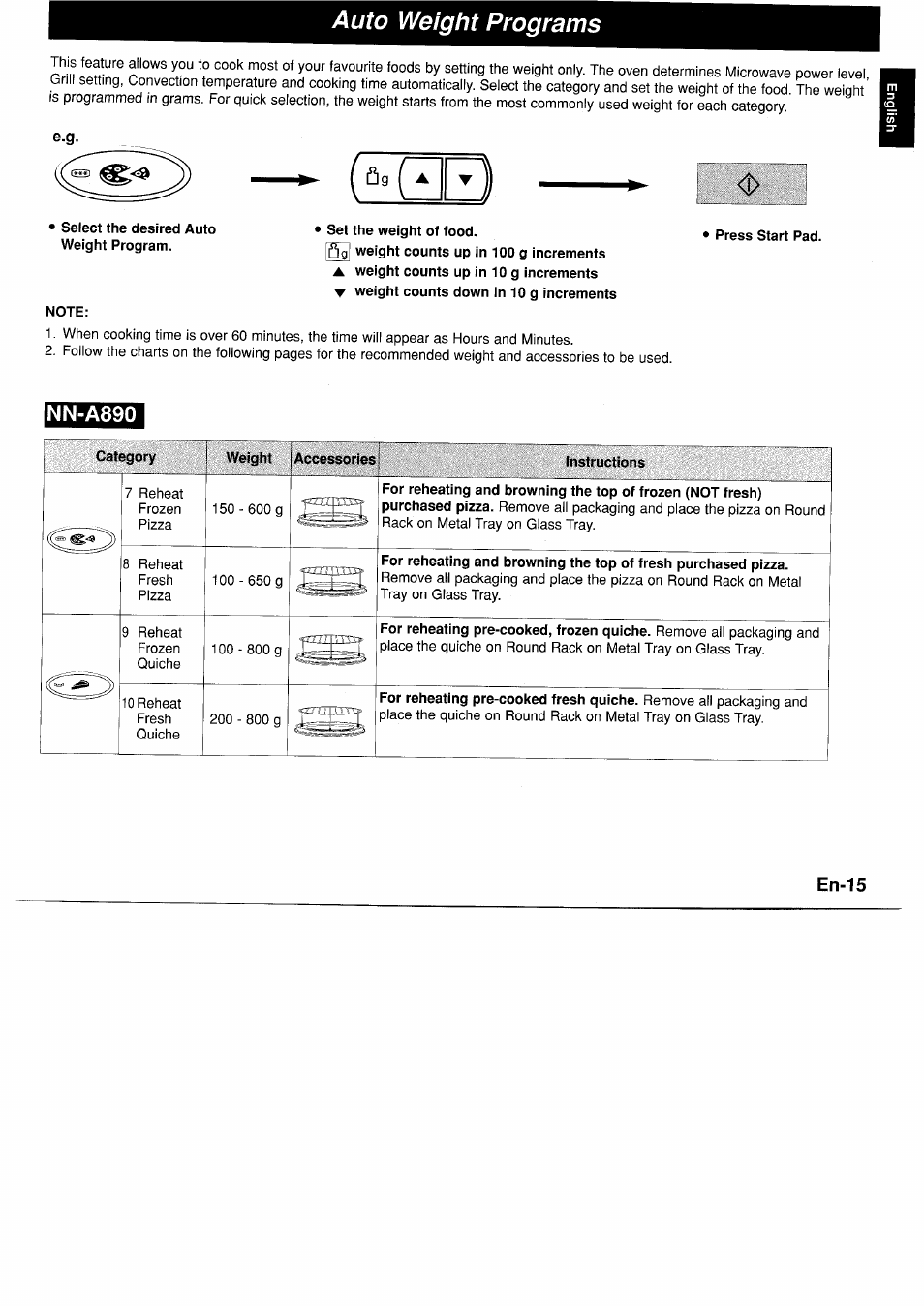 Note, Set the weight of food, Nn-a890 | Category, Weight accessories, Instructions, Auto weight programs | Panasonic NNA890WBSPG User Manual | Page 17 / 112