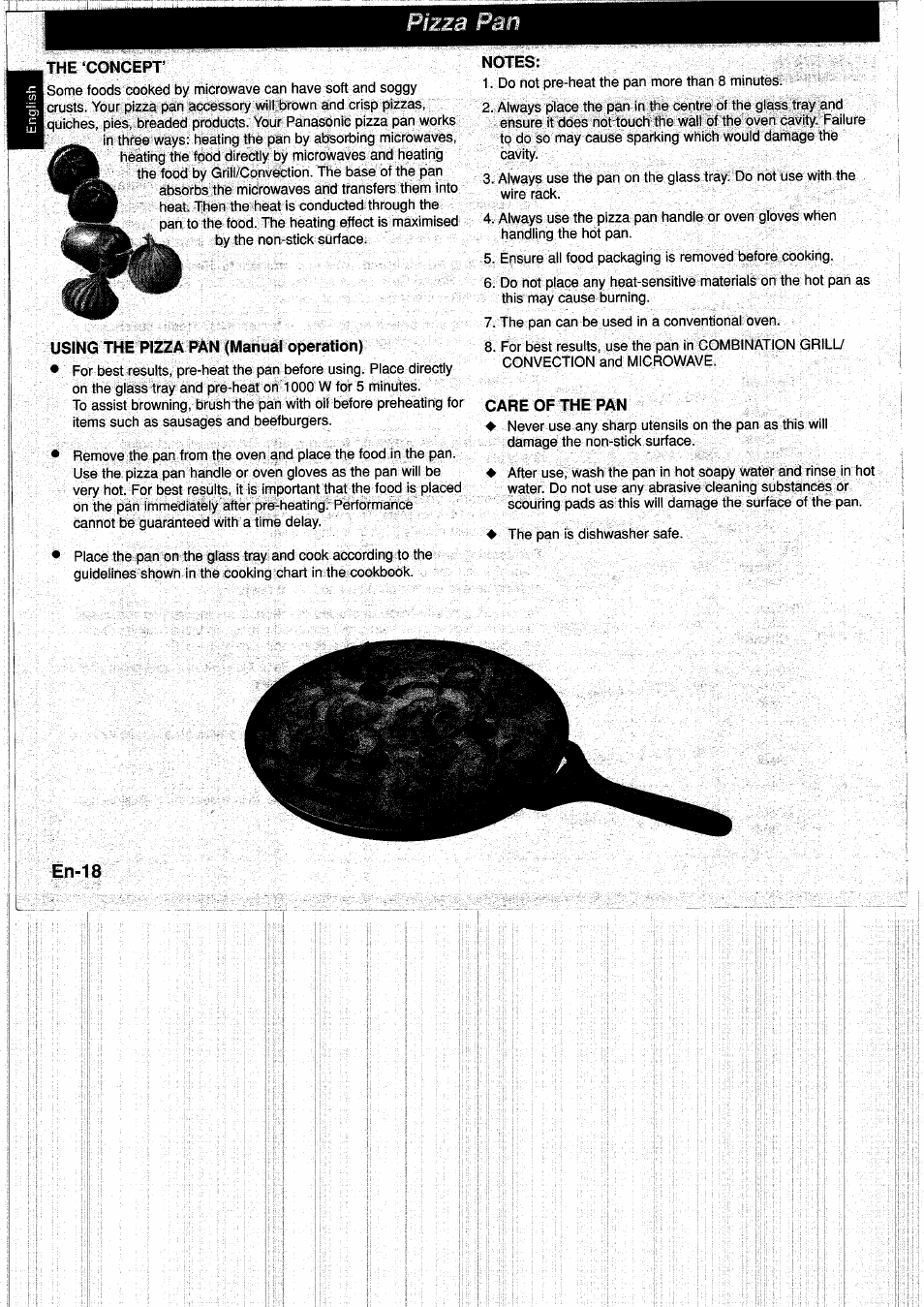 Pizza pan, The ‘concept, Using the pizza pan (manual operation) | Notes, Care of the pan, En-18 | Panasonic NNA890WBSPG User Manual | Page 20 / 112