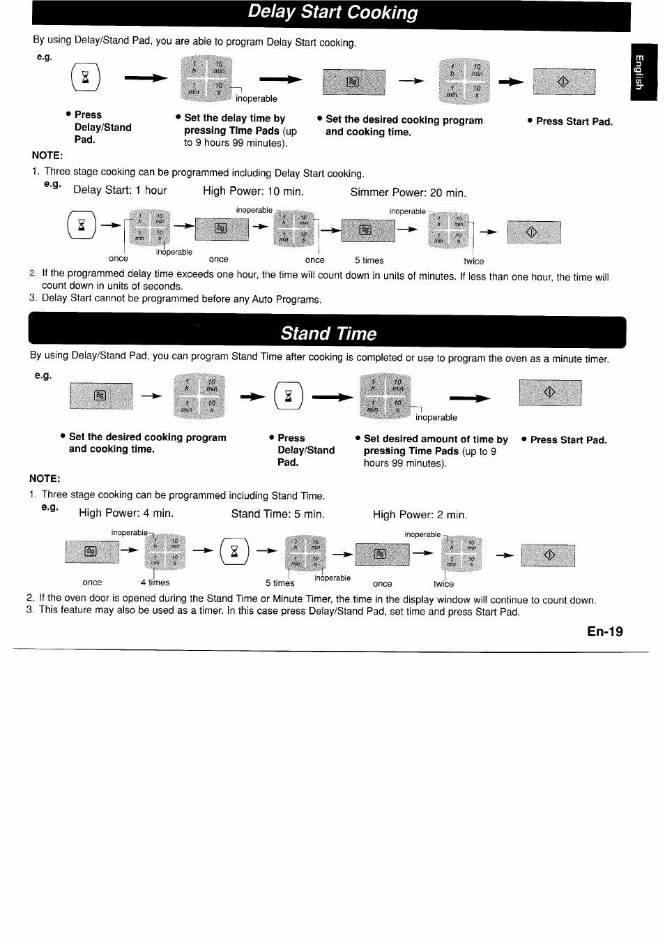 Press delay/stand pad, Set the delay time by pressing time pads (up, Note | Set the desired cooking program and cooking time, Press start pad, Delay start cooking, Stand time, En-19 | Panasonic NNA890WBSPG User Manual | Page 21 / 112