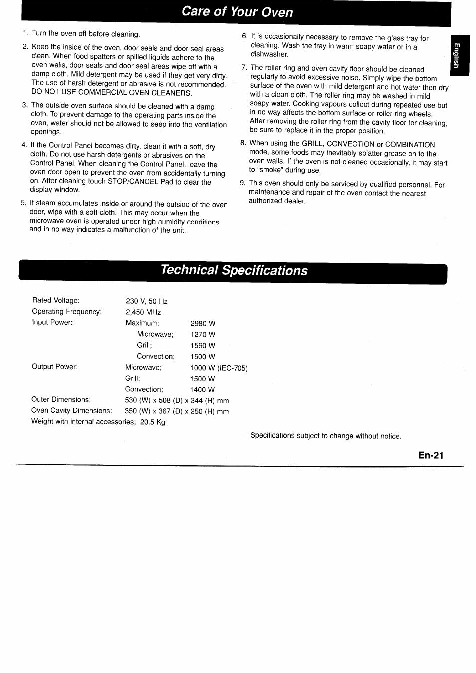 Care of your oven, Technical specifications | Panasonic NNA890WBSPG User Manual | Page 23 / 112