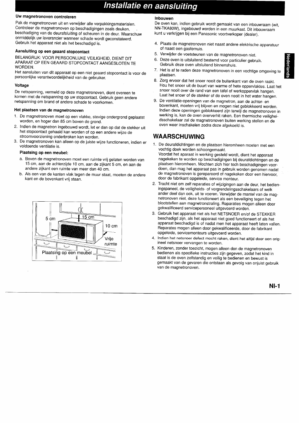 Waarschuwing, Installatie en aansluiting, N1-1 | Panasonic NNA890WBSPG User Manual | Page 25 / 112