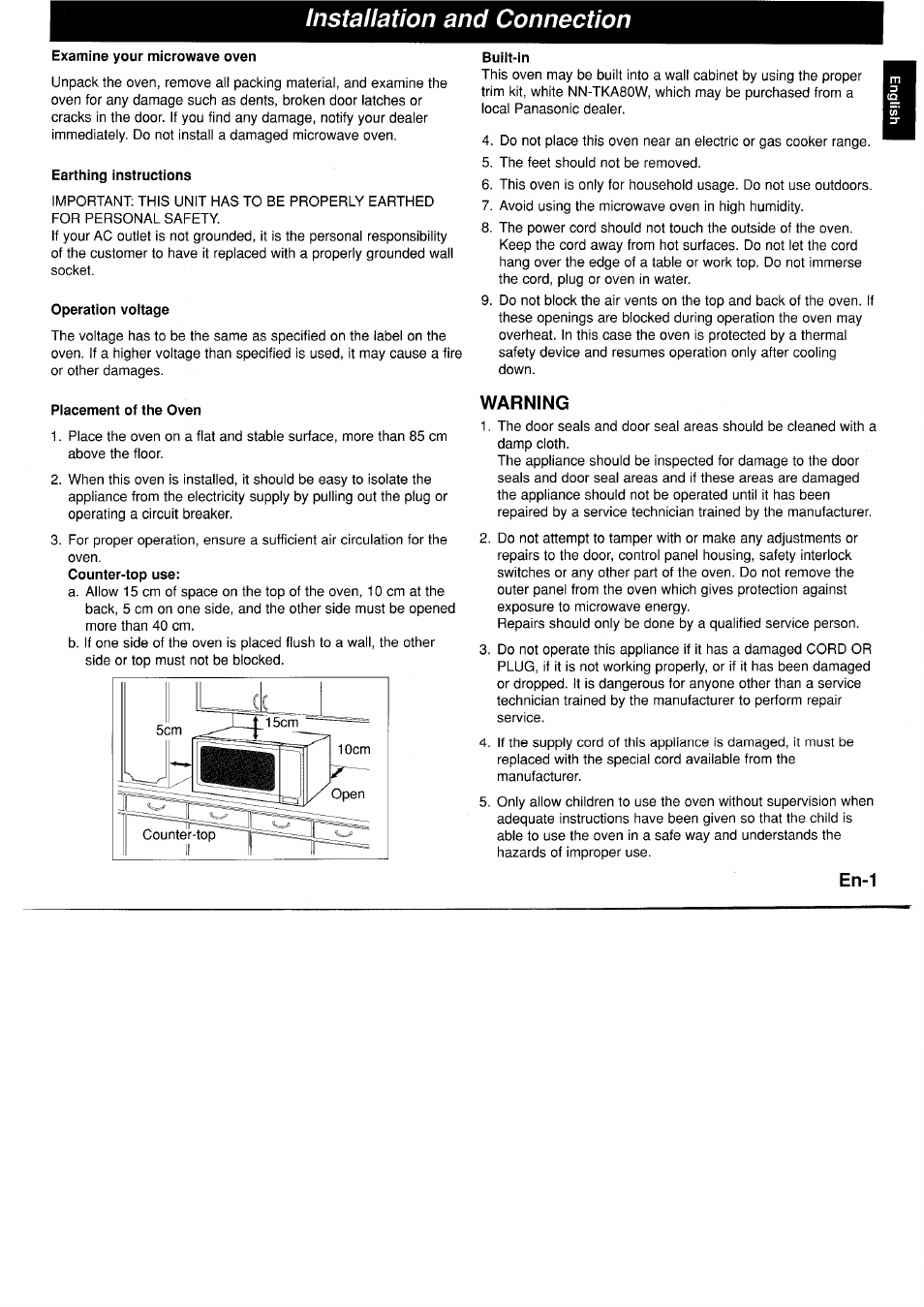 Examine your microwave oven, Earthing instructions, Operation voitage | Placement of the oven, Built-in, Warning, En-1, Installation and connection | Panasonic NNA890WBSPG User Manual | Page 3 / 112