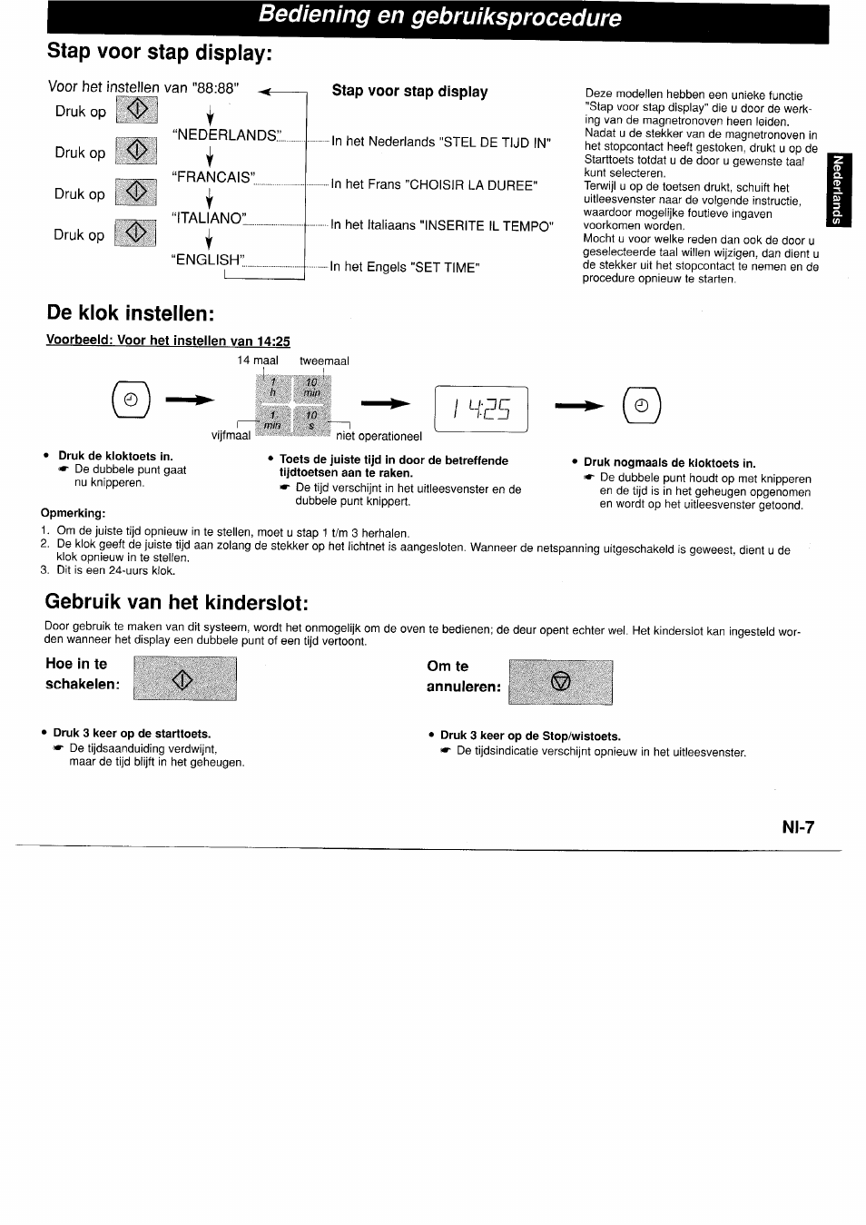 Stap voor stap display, De klok instellen, Gebrulk van het kinderslot | Hoe in te schakelen, Om te annuleren, Bediening en gebruiksprocedure, N1-7 | Panasonic NNA890WBSPG User Manual | Page 31 / 112