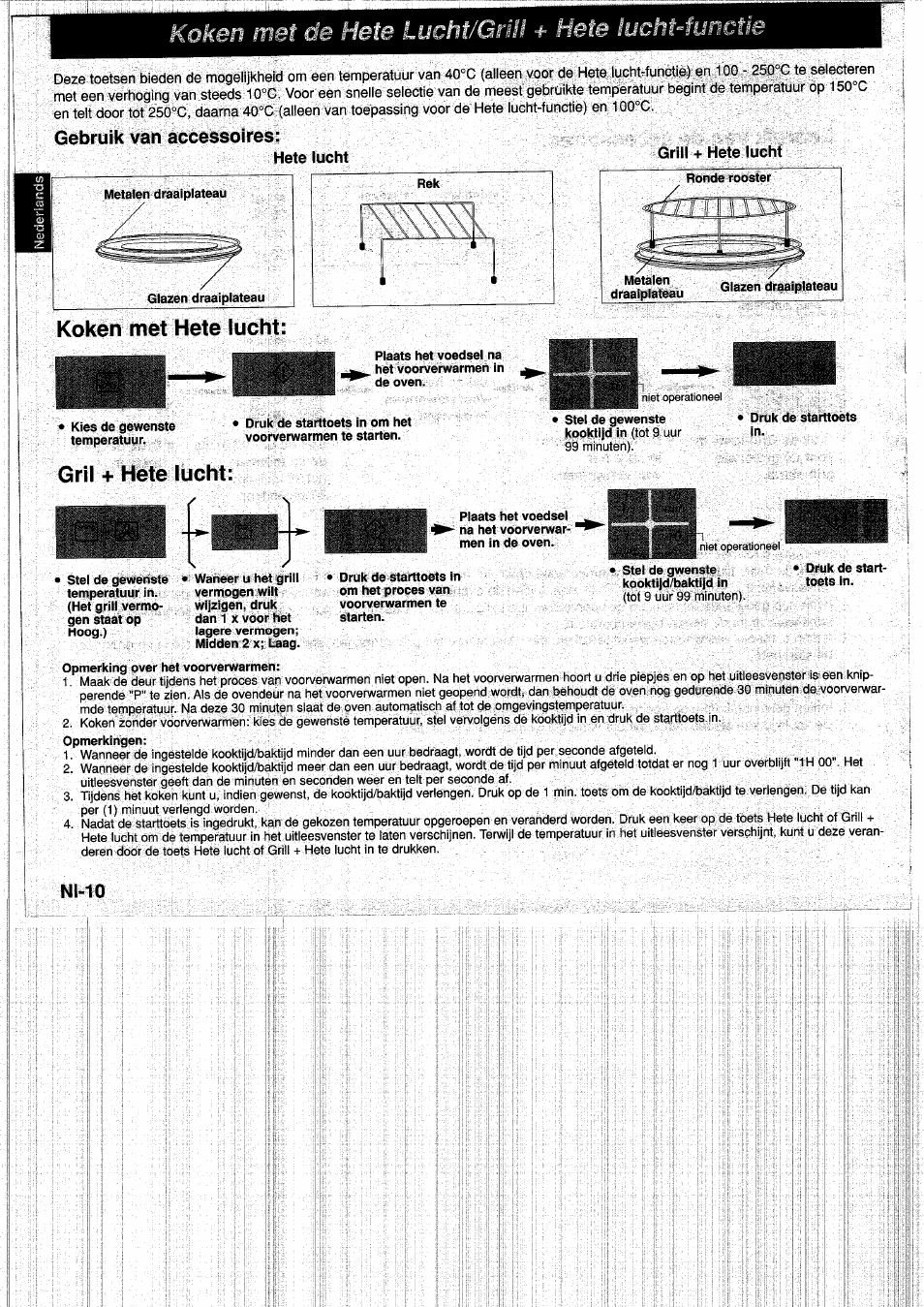 Koken met de hete lucht/grül + hete luchmunctie, Koken met hete lucht, Gril + hete lucht | Gebruik van accessoires | Panasonic NNA890WBSPG User Manual | Page 34 / 112