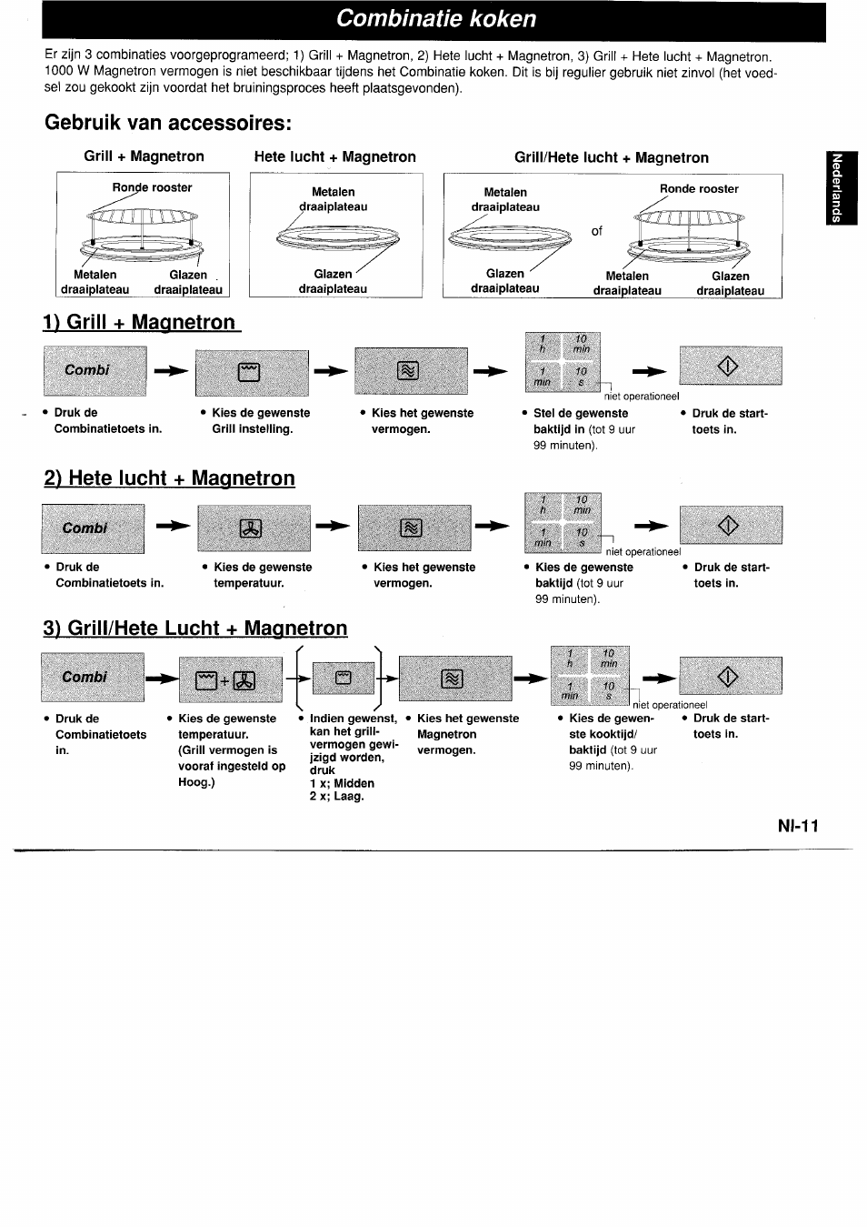 Gebruik van accessoires, Grill + magnetron hete lucht + magnetron, 1) griii + magnetron | 2) hete iucht + magnetron, 3) griil/hete lucht + magnetron, Combinatie koken, N1-11 | Panasonic NNA890WBSPG User Manual | Page 35 / 112