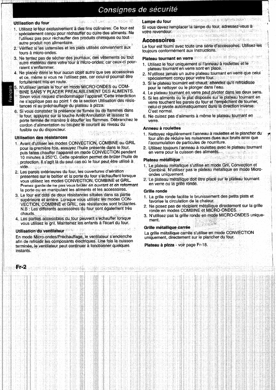 Consignes de sécurité, Utilisation du four, Utilisation des résistances | Utilisation du ventilateur, Lampedufour, Plateau tournant en verre, Anneau à roulettes, Grille ronde, Accessoires | Panasonic NNA890WBSPG User Manual | Page 48 / 112