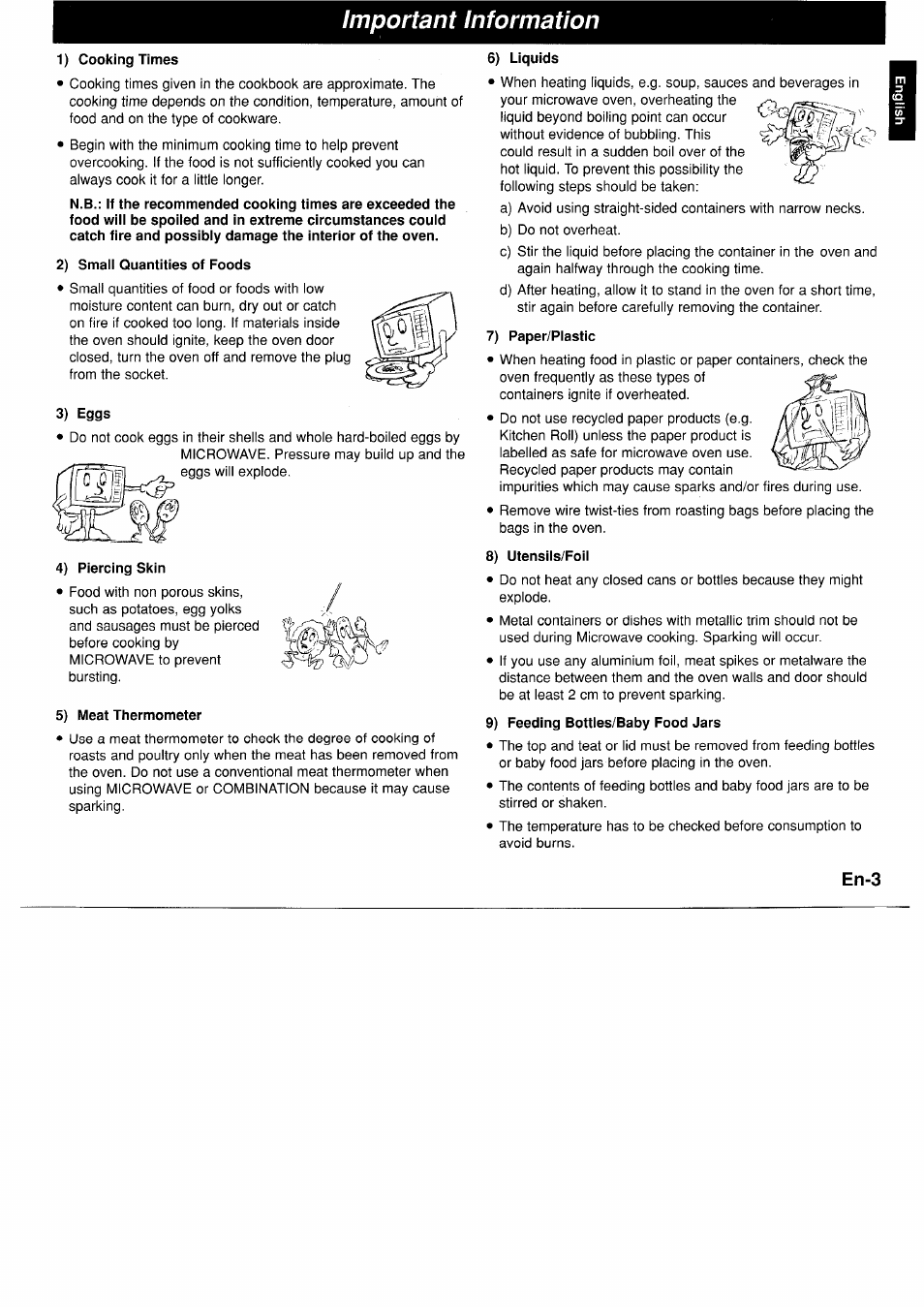 1) cooking times, 2) smaii quantities of foods, 3) eggs | 4) piercing skin, 5) meat thermometer, 6) liquids, 7) paper/plastic, 8) utensils/foil, 9) feeding bottles/baby food jars, Important information | Panasonic NNA890WBSPG User Manual | Page 5 / 112