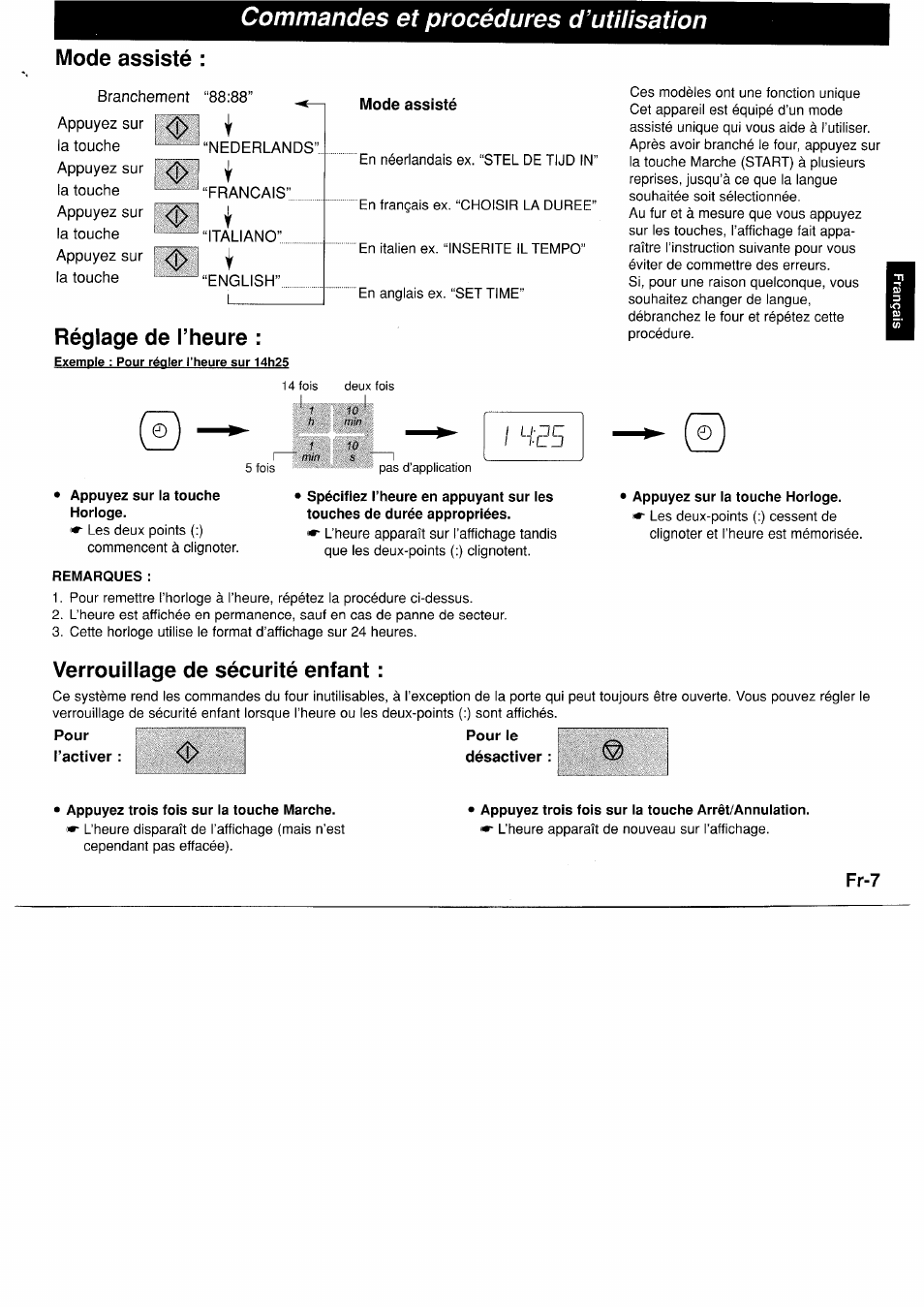 Mode assisté, Réglage de l’heure, Appuyez sur la touche horloge | Remarques, Verrouillage de sécurité enfant, Appuyez trois fois sur la touche marche, Commandes et procédures d’utilisation | Panasonic NNA890WBSPG User Manual | Page 53 / 112