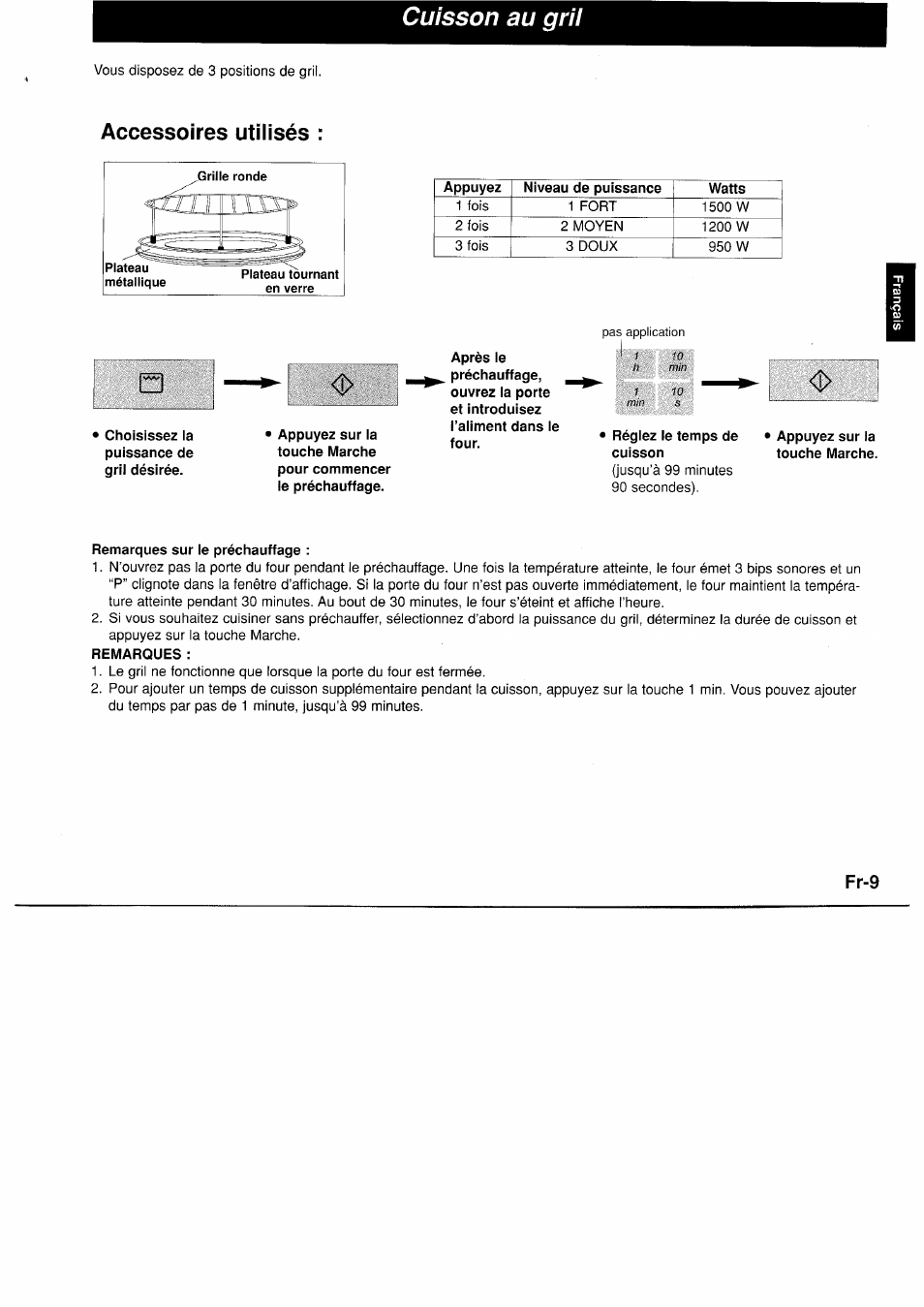 Accessoires utilisés, Régiez ie temps de cuisson, Appuyez sur ia touche marche | Remarques sur ie préchauffage, Remarques, Cuisson au gril | Panasonic NNA890WBSPG User Manual | Page 55 / 112
