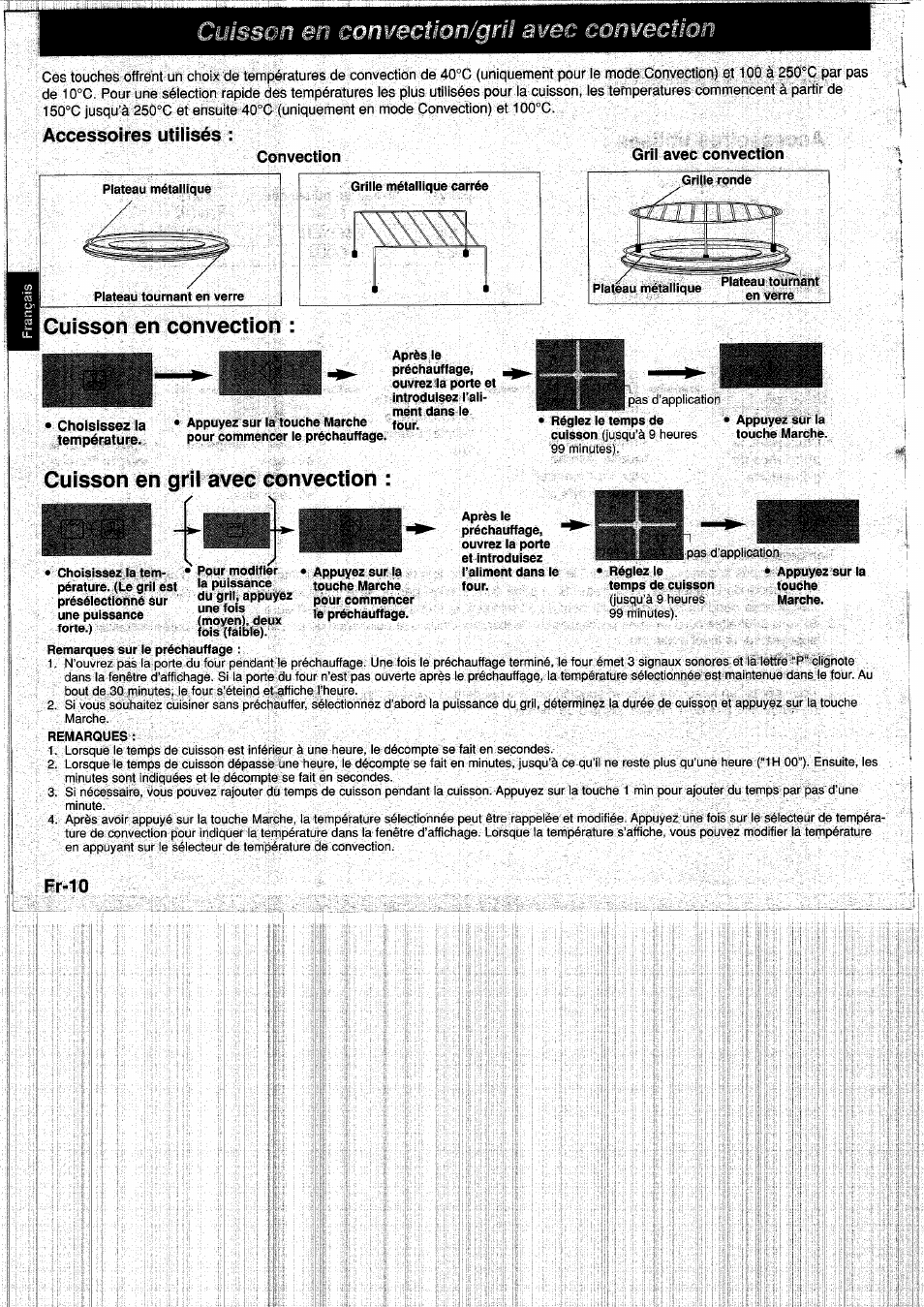 En convection/gril awi, Convection, I cuisson en convection | Choisissez la température, Cuisson en gril avec convection, Cuisson en convection, Accessoires utilisés, Fr-10 | Panasonic NNA890WBSPG User Manual | Page 56 / 112