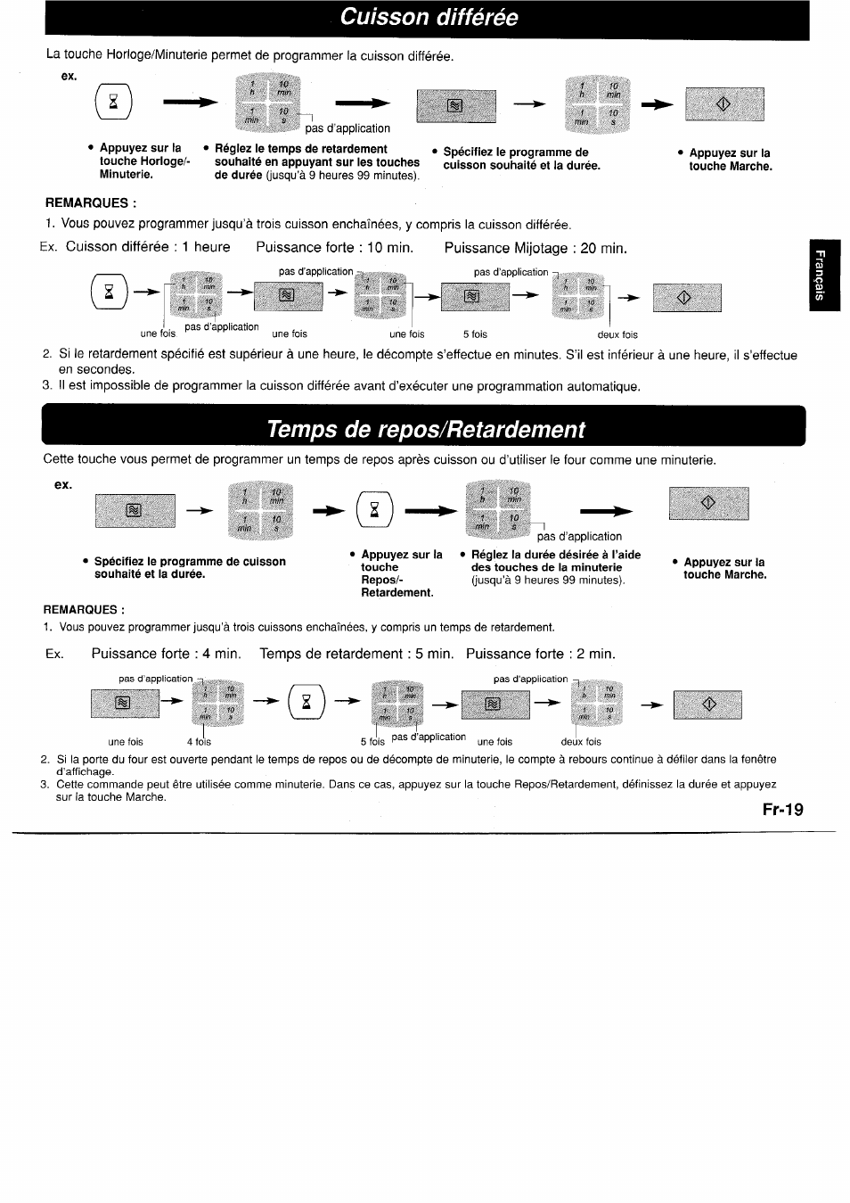 Remarques, Cuisson différée, Temps de repos/retardement | Fr-19 | Panasonic NNA890WBSPG User Manual | Page 65 / 112