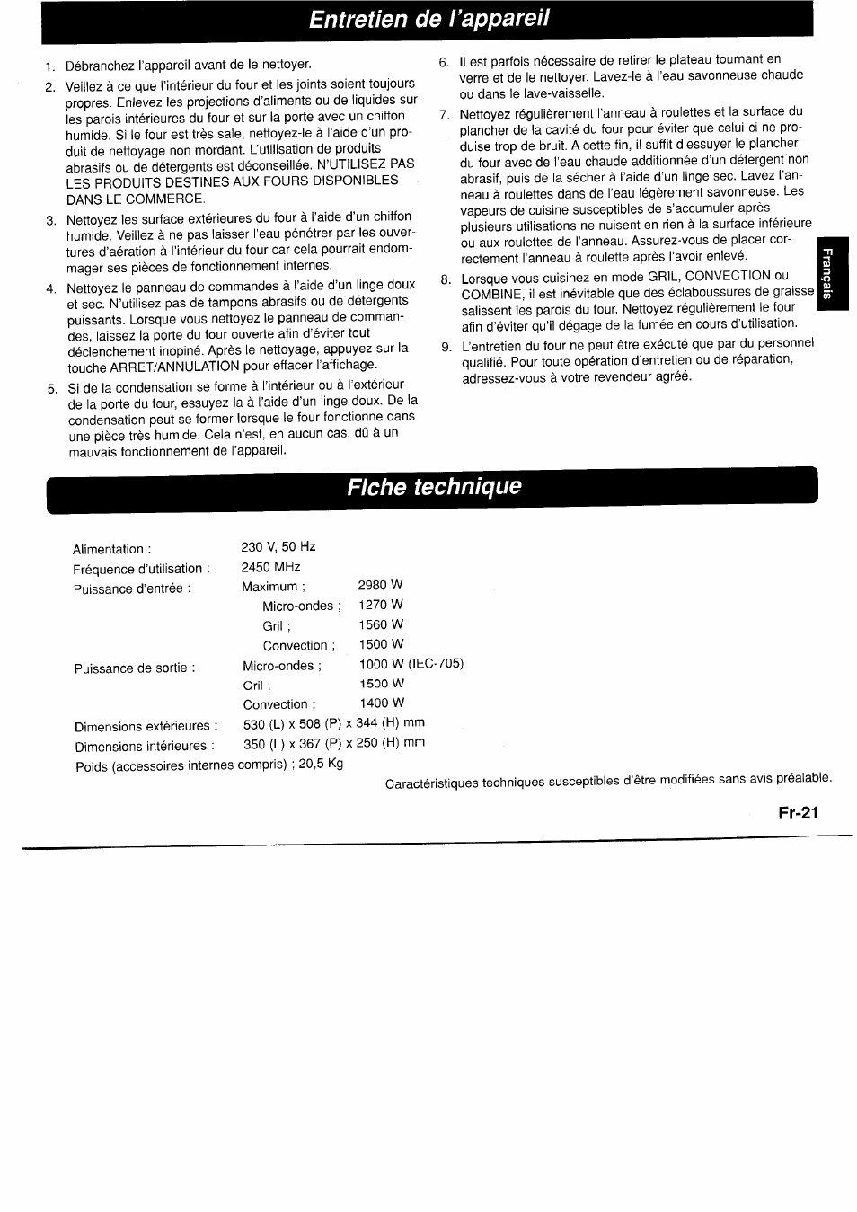 Fr-21, Entretien de l’appareil, Fiche technique | Panasonic NNA890WBSPG User Manual | Page 67 / 112