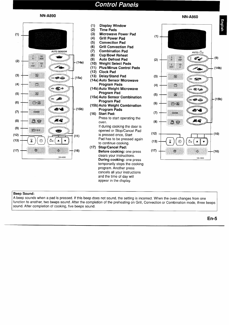 Control panels, En-5 | Panasonic NNA890WBSPG User Manual | Page 7 / 112