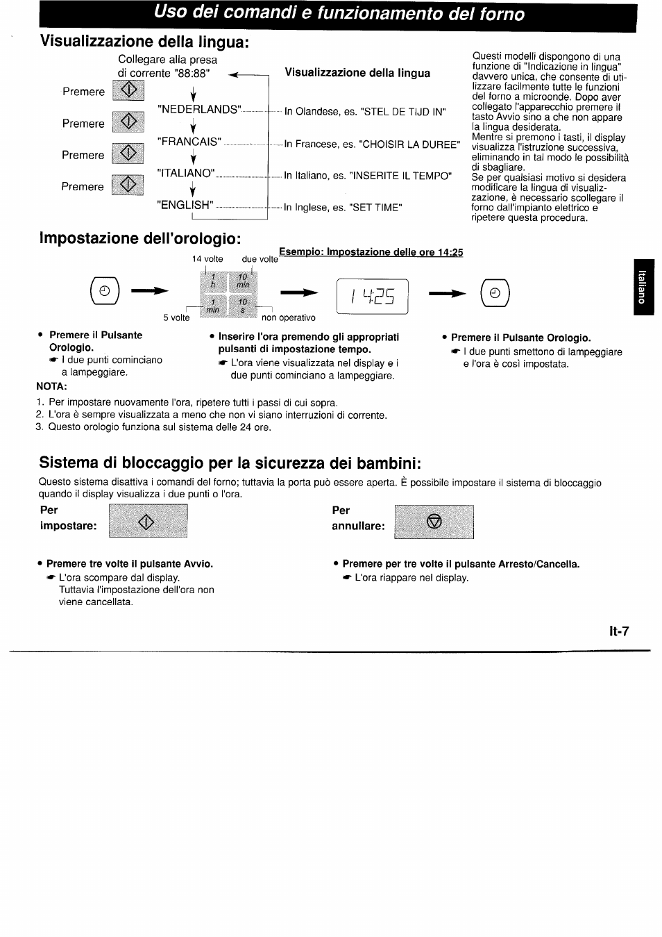 Visualizzazione della lingua, Impostazione dell'orologio, Esempio: impostazione delle ore 14:25 | Premere il pulsante orologio, Sistema di bioccaggio per ia sicurezza dei bambini, Premere tre volte il pulsante avvìo, Uso dei comandi e funzionamento dei forno | Panasonic NNA890WBSPG User Manual | Page 75 / 112