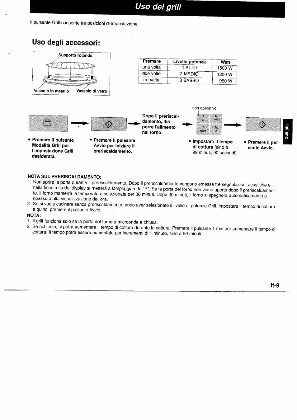 Uso del grill, Uso degli accessori, Premere il pulsante avvio | Nota sul preriscaldamento, Nota | Panasonic NNA890WBSPG User Manual | Page 77 / 112