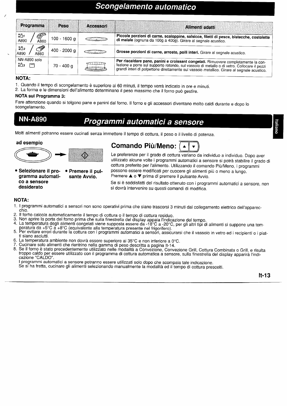 Comando più/meno: f, Scongelamento automatico, Programmi automatici a sensore | Nn-a890 | Panasonic NNA890WBSPG User Manual | Page 81 / 112