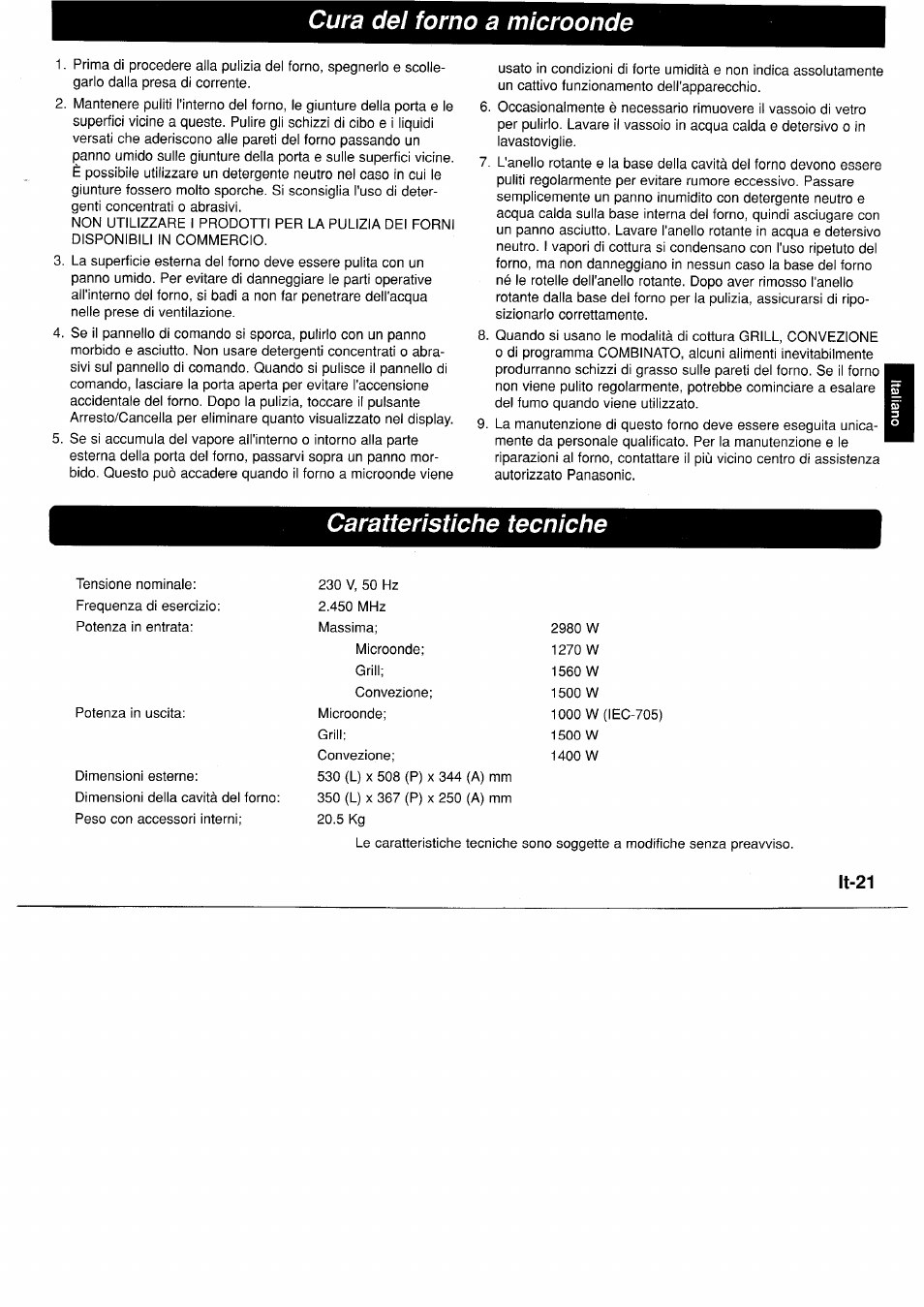 Lt-21, Cura del forno a microonde, Caratteristiche tecniche | Panasonic NNA890WBSPG User Manual | Page 89 / 112