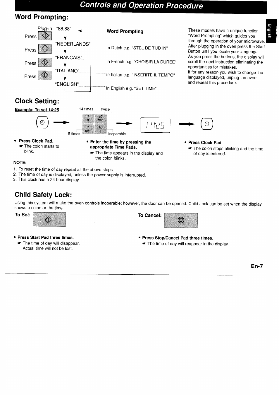 Word prompting, Nederlands, Clock setting | Example: to set 14:25, Note, Child safety lock, To set, To cancel, Press start pad three times, Controls and operation procedure | Panasonic NNA890WBSPG User Manual | Page 9 / 112