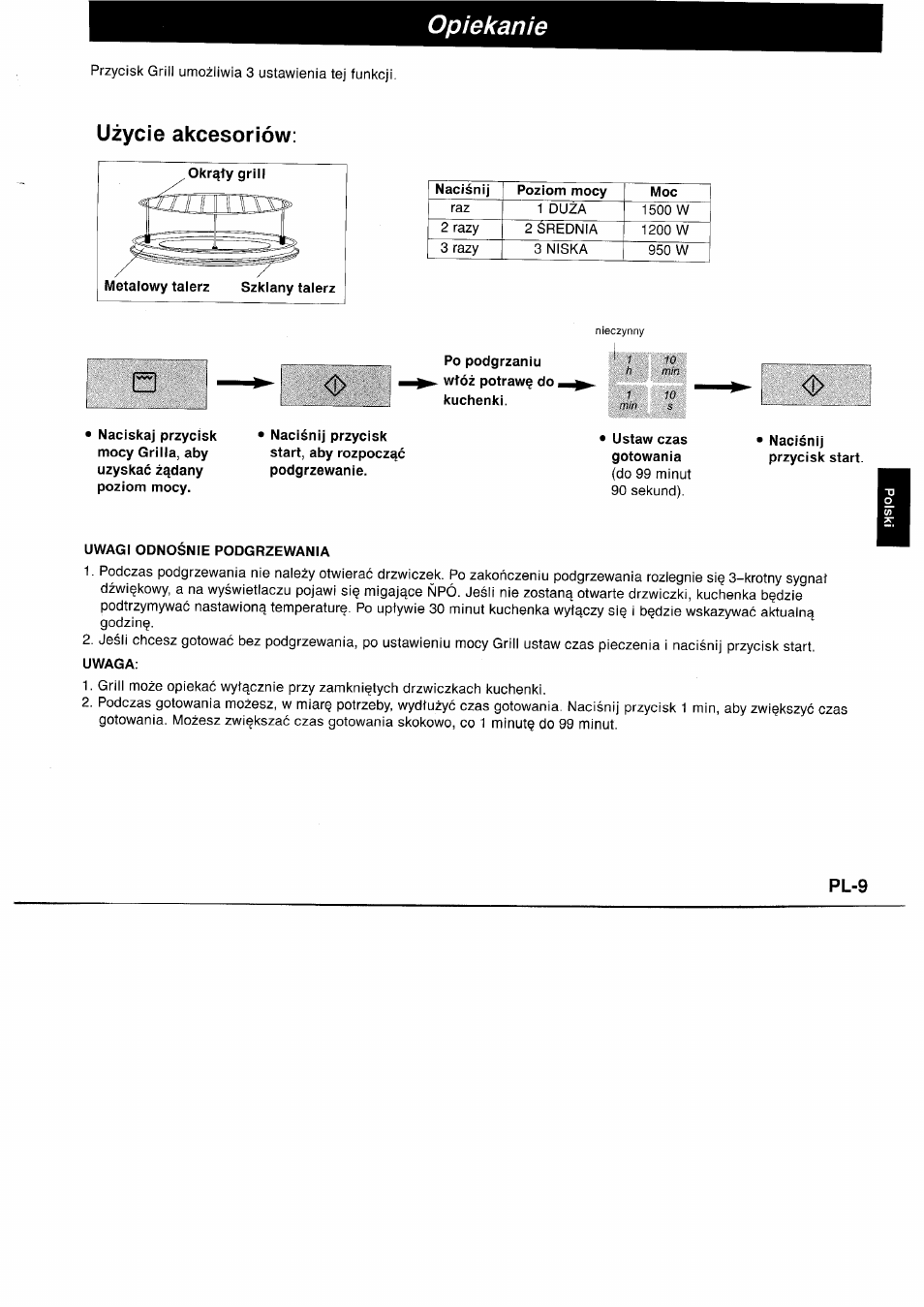 Opiekanie, Uzycie akcesorìów, Ustaw czas gotowania | Nacisnij przycisk start, Uwagi odnosnie podgrzewania, Uwaga, Pl-9 | Panasonic NNA890WBSPG User Manual | Page 99 / 112