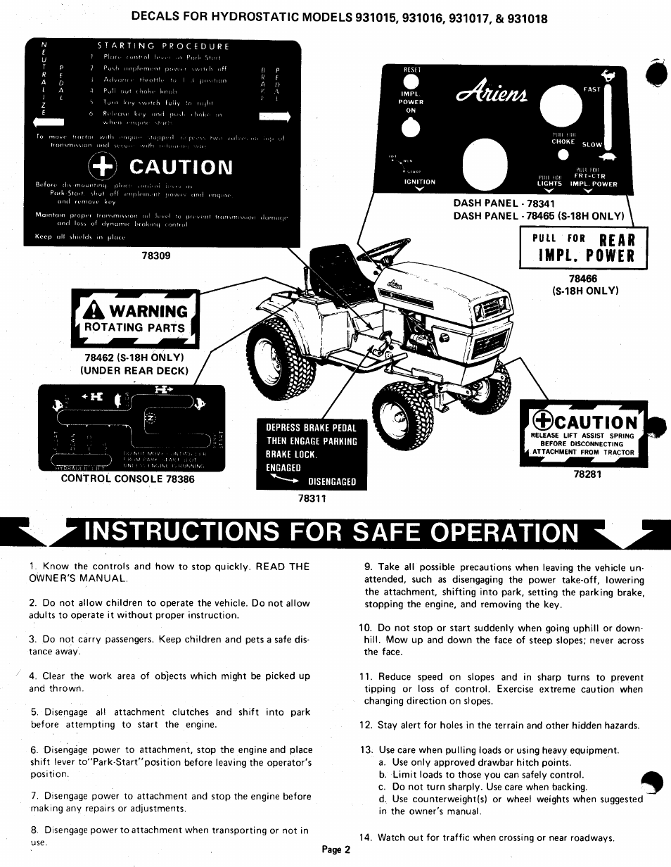 Instructions for safe operation, Cautioim | Ariens 931015 S-18 User Manual | Page 2 / 42