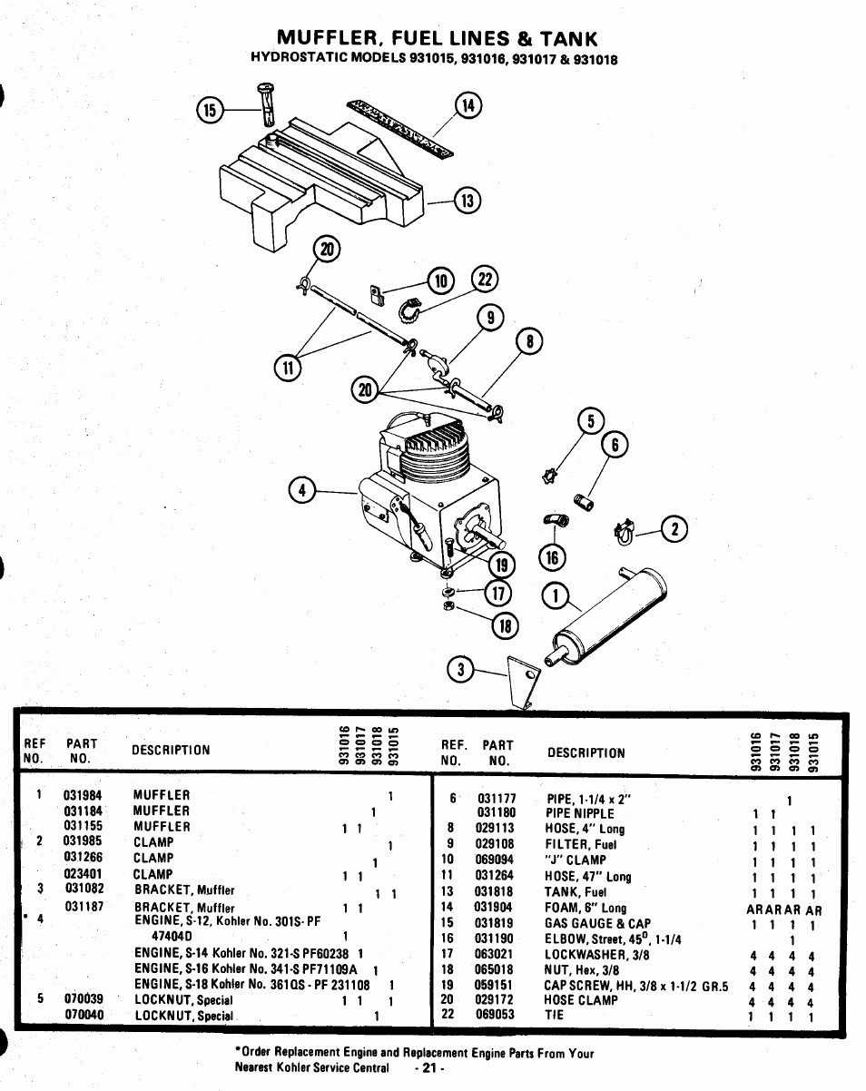 Muffler, fuel lines & tank | Ariens 931015 S-18 User Manual | Page 21 / 42