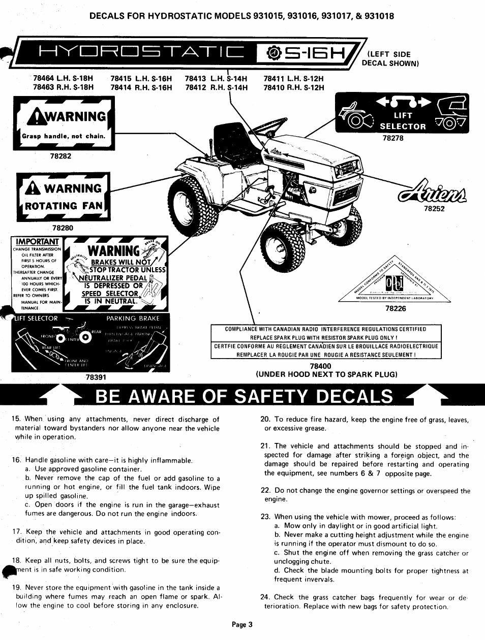 Be aware of safety decals, Mv'czira | Ariens 931015 S-18 User Manual | Page 3 / 42