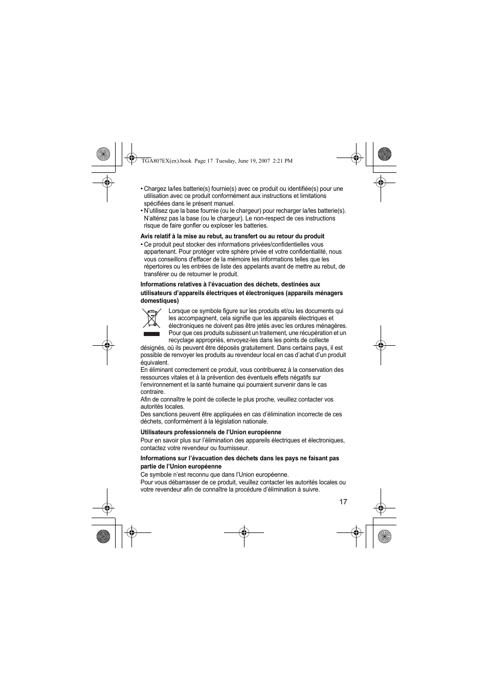 Utilisateurs professionnels de l’union européenne | Panasonic KXTGA807EX User Manual | Page 17 / 80