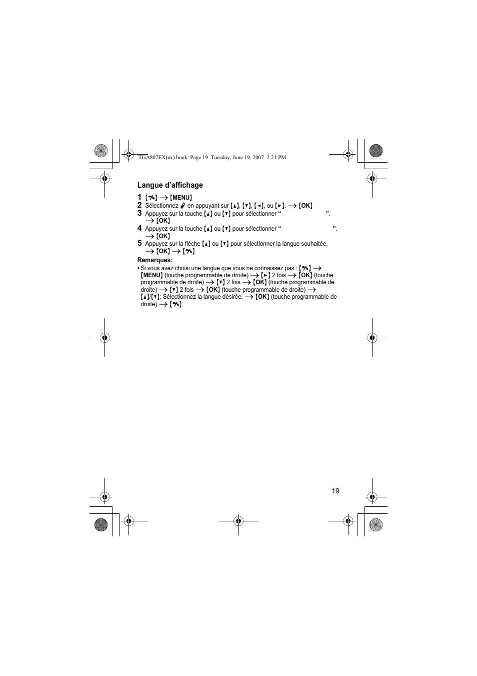 Langue d’affichage, 1 {i} i {menu, Remarques | Panasonic KXTGA807EX User Manual | Page 19 / 80
