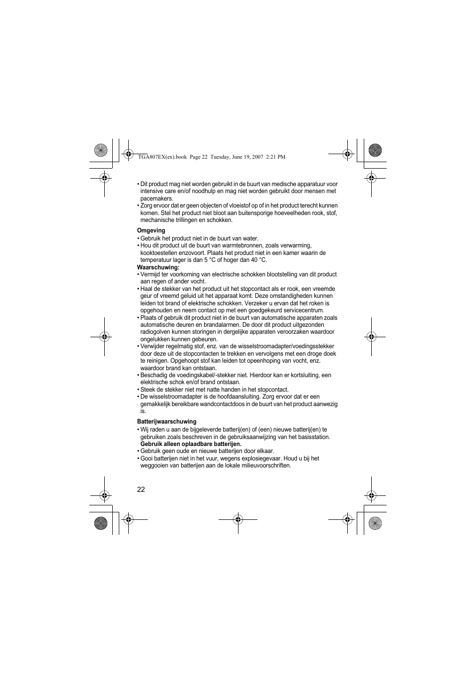 Omgeving, Batterijwaarschuwing | Panasonic KXTGA807EX User Manual | Page 22 / 80