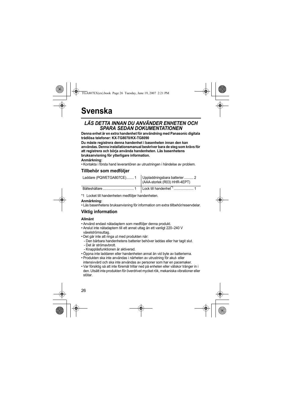Svenska, Anmärkning, Tillbehör som medföljer | Viktig information, Allmänt | Panasonic KXTGA807EX User Manual | Page 26 / 80