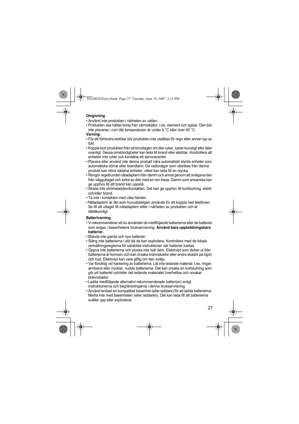 Omgivning, Batterivarning | Panasonic KXTGA807EX User Manual | Page 27 / 80
