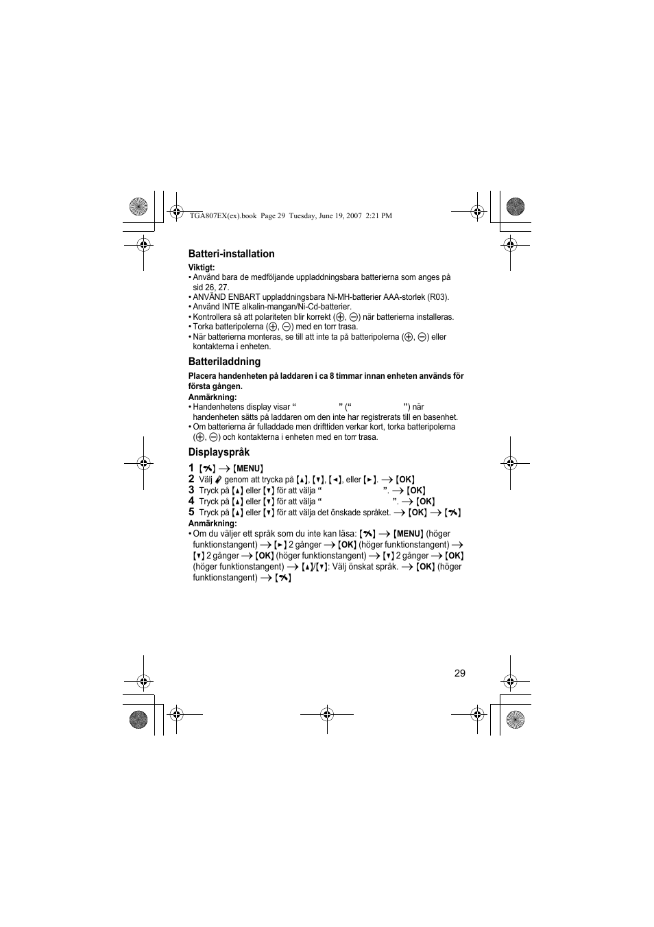 Batteri-installation, Batteriladdning, Anmärkning | Displayspråk, 1 {i} i {menu | Panasonic KXTGA807EX User Manual | Page 29 / 80
