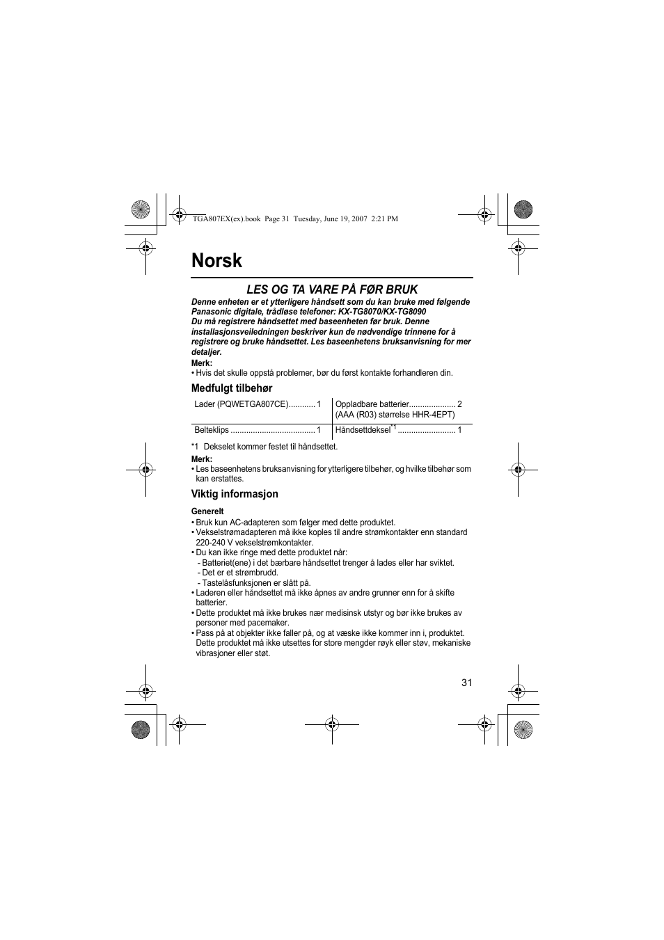 Norsk, Les og ta vare på før bruk, Merk | Medfulgt tilbehør, Viktig informasjon, Generelt | Panasonic KXTGA807EX User Manual | Page 31 / 80