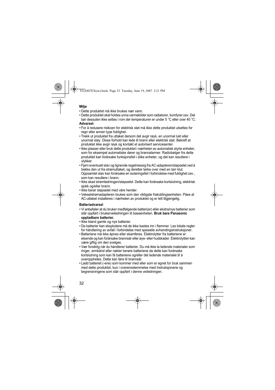 Miljø, Batteriadvarsel | Panasonic KXTGA807EX User Manual | Page 32 / 80