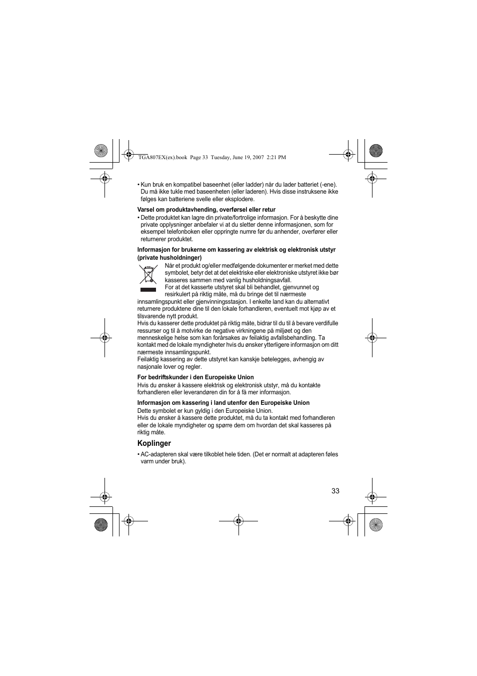 Varsel om produktavhending, overførsel eller retur, For bedriftskunder i den europeiske union, Koplinger | Panasonic KXTGA807EX User Manual | Page 33 / 80
