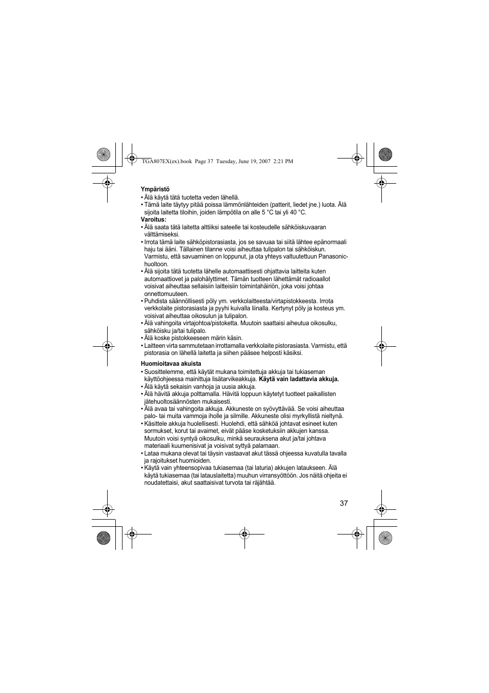 Ympäristö, Huomioitavaa akuista | Panasonic KXTGA807EX User Manual | Page 37 / 80